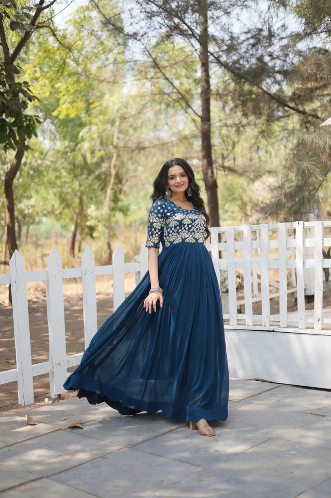 Tea Blue Luxury Faux Blooming Designer Gown with Zari & Sequins Embroidery ClothsVilla