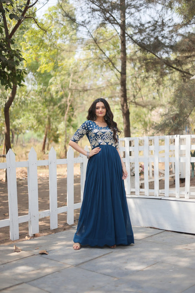 Tea Blue Luxury Faux Blooming Designer Gown with Zari & Sequins Embroidery ClothsVilla