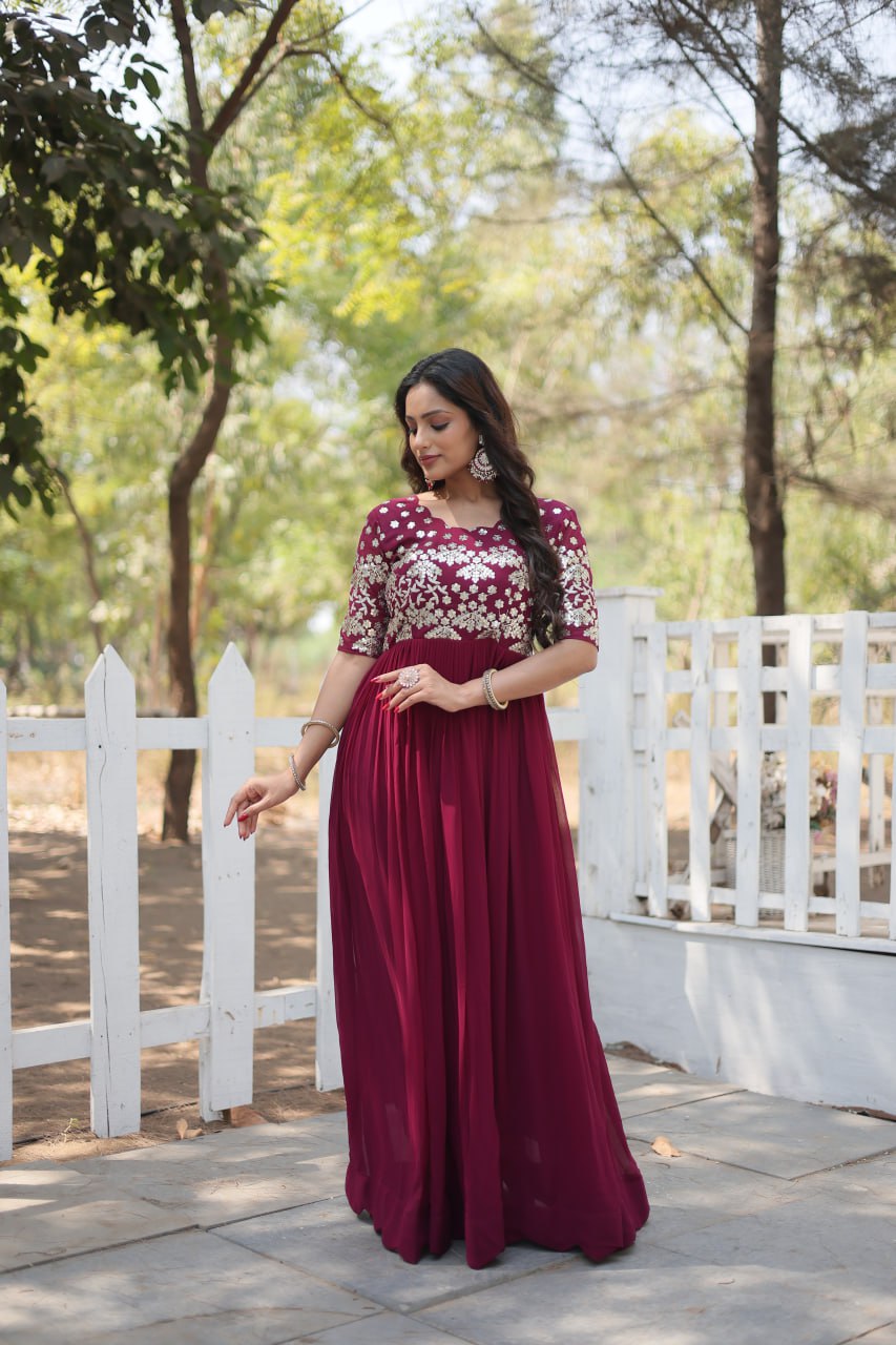 Magenta Luxury Faux Blooming Designer Gown with Zari & Sequins Embroidery ClothsVilla