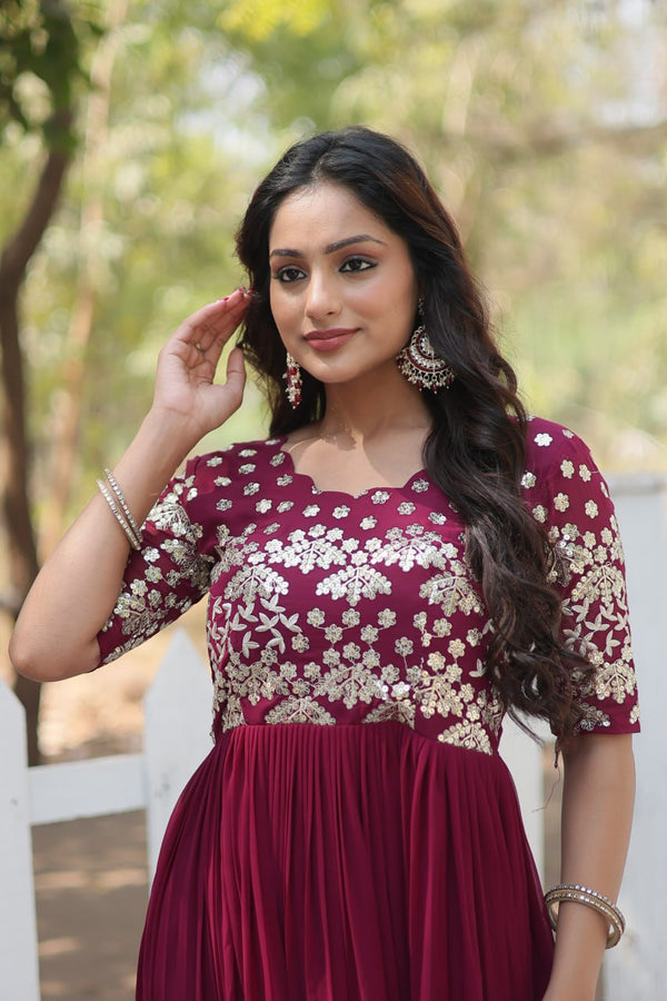 Magenta Luxury Faux Blooming Designer Gown with Zari & Sequins Embroidery ClothsVilla