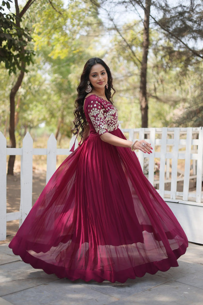 Magenta Luxury Faux Blooming Designer Gown with Zari & Sequins Embroidery ClothsVilla