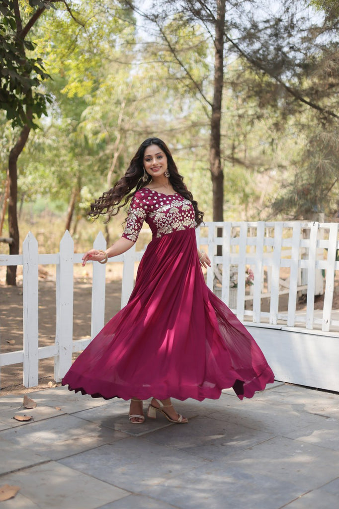 Magenta Luxury Faux Blooming Designer Gown with Zari & Sequins Embroidery ClothsVilla