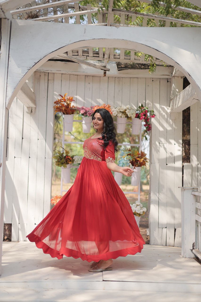 Red Luxury Embroidered Designer Gown for Women ClothsVilla Main image