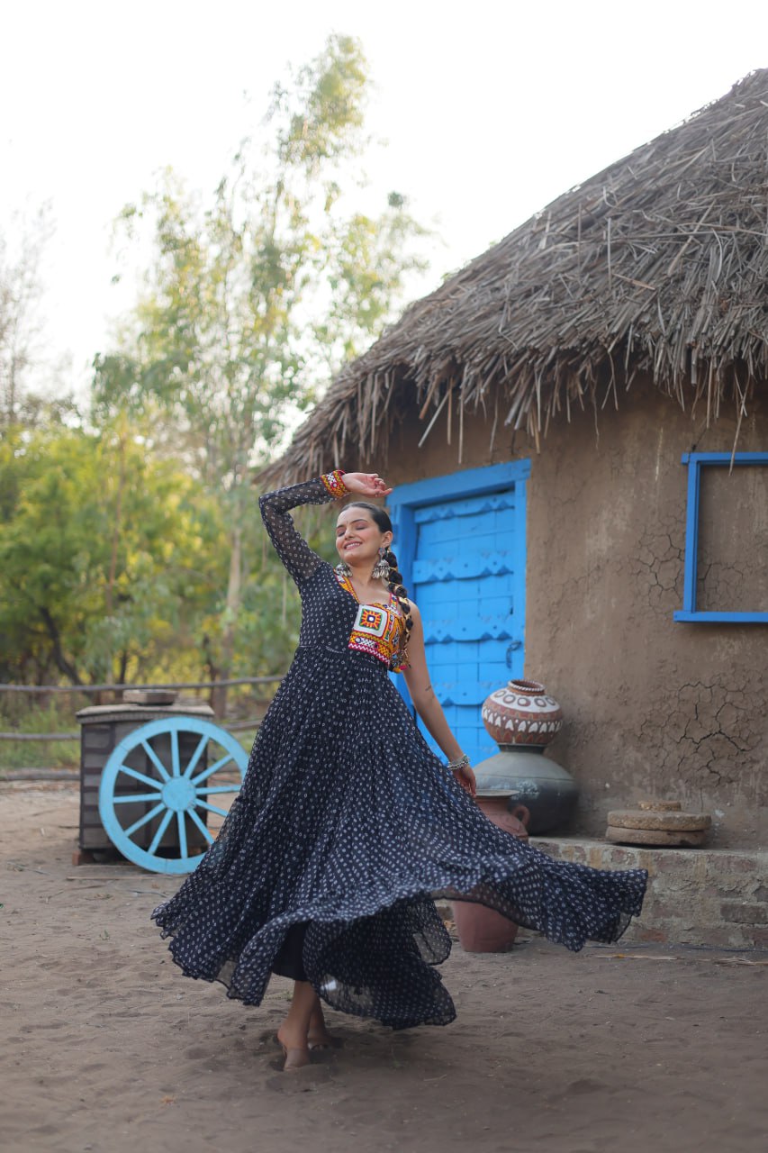Black Elegant Bandhani Print Faux Georgette Gown with Kutchi Patchwork Secondary image