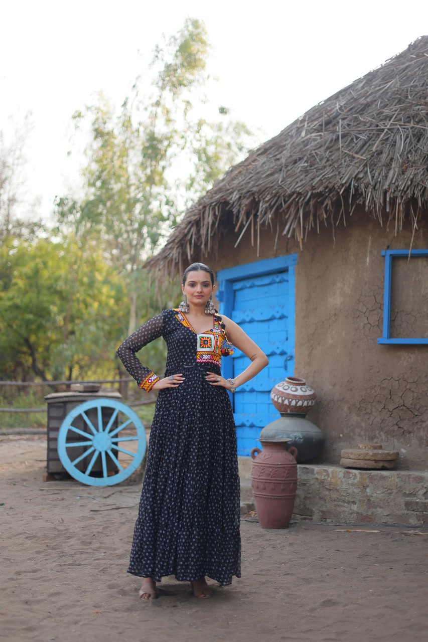 Black Elegant Bandhani Print Faux Georgette Gown with Kutchi Patchwork ClothsVilla.com Main image