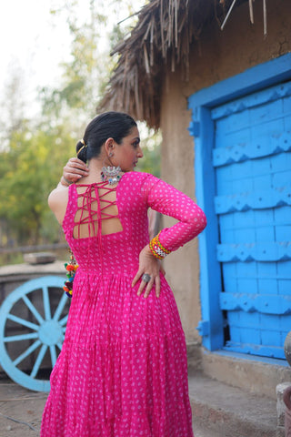 Pink Elegant Bandhani Print Faux Georgette Gown with Kutchi Patchwork ClothsVilla.com