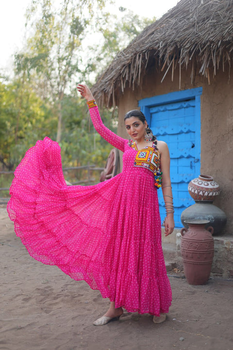 Pink Elegant Bandhani Print Faux Georgette Gown with Kutchi Patchwork ClothsVilla.com Main image