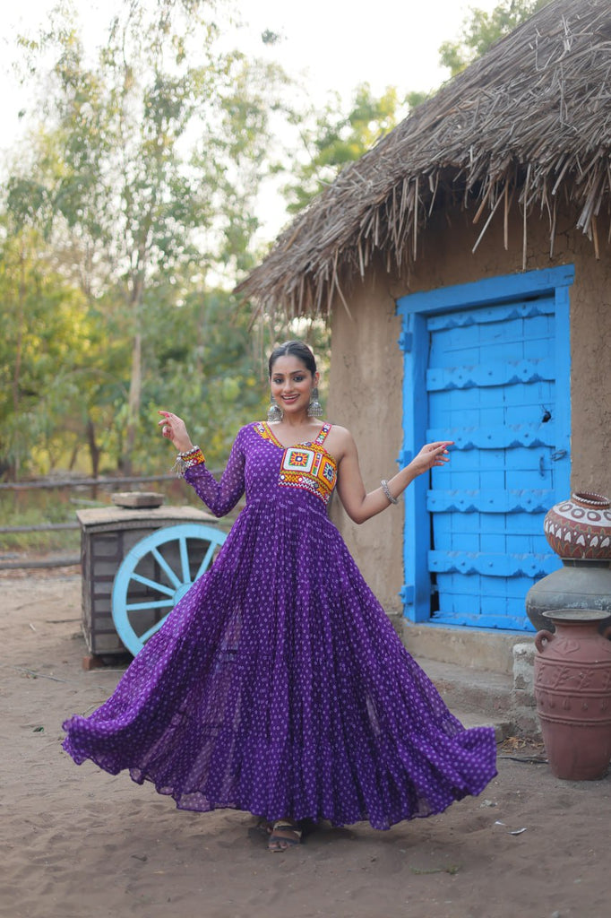 Purple Elegant Bandhani Print Faux Georgette Gown with Kutchi Patchwork ClothsVilla.com