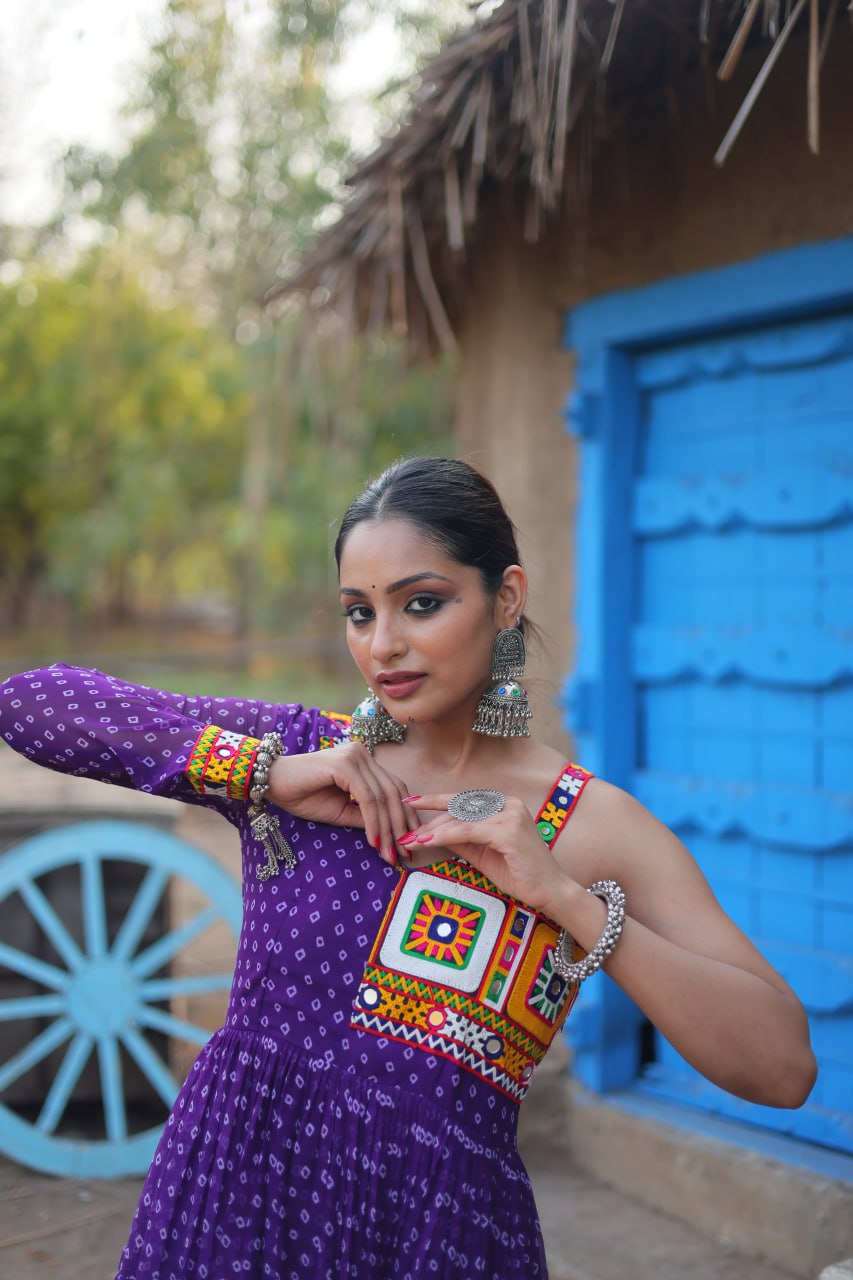 Purple Elegant Bandhani Print Faux Georgette Gown with Kutchi Patchwork ClothsVilla.com