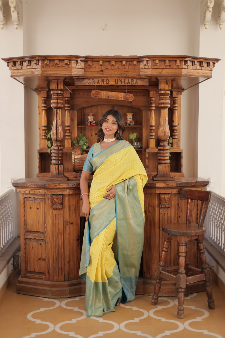 Yellow & Blue Elegant Kanjivaram Silk Saree with Zari Weaving Work Clothsvilla Main image