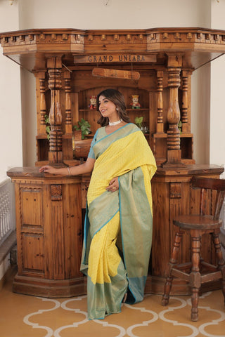 Yellow & Blue Elegant Kanjivaram Silk Saree with Zari Weaving Work Clothsvilla