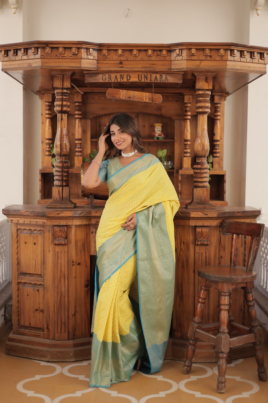 Yellow & Blue Elegant Kanjivaram Silk Saree with Zari Weaving Work Clothsvilla