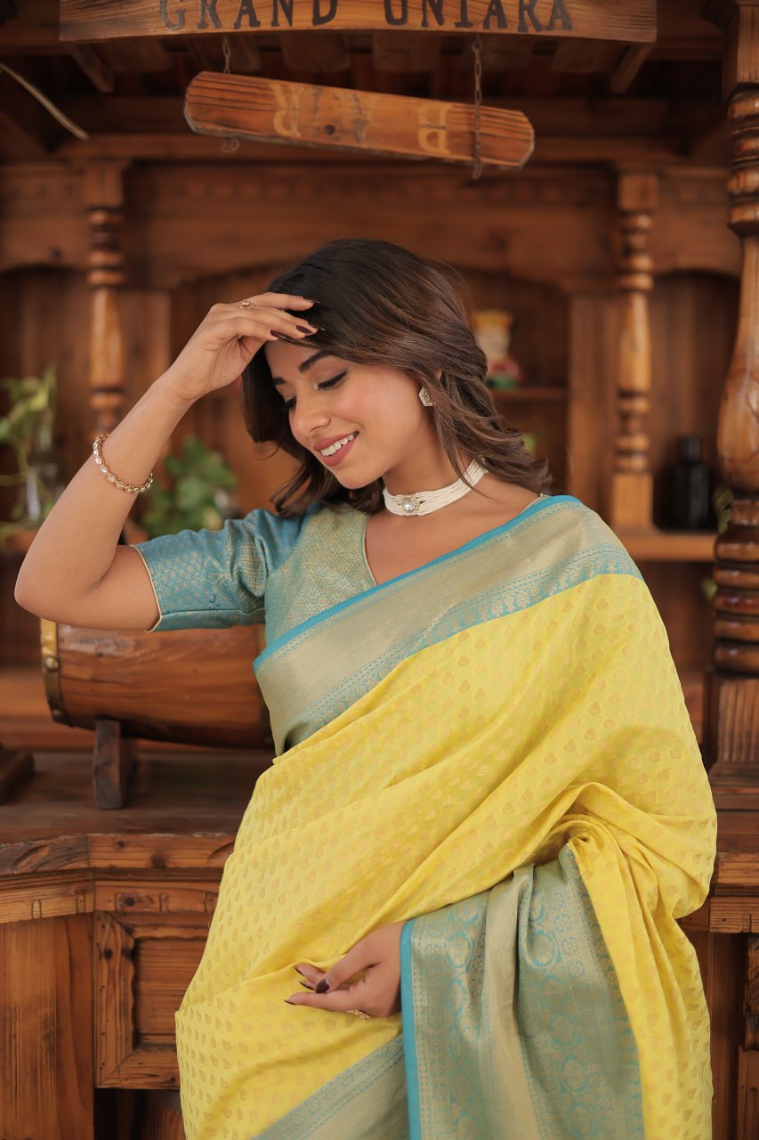 Yellow & Blue Elegant Kanjivaram Silk Saree with Zari Weaving Work Clothsvilla