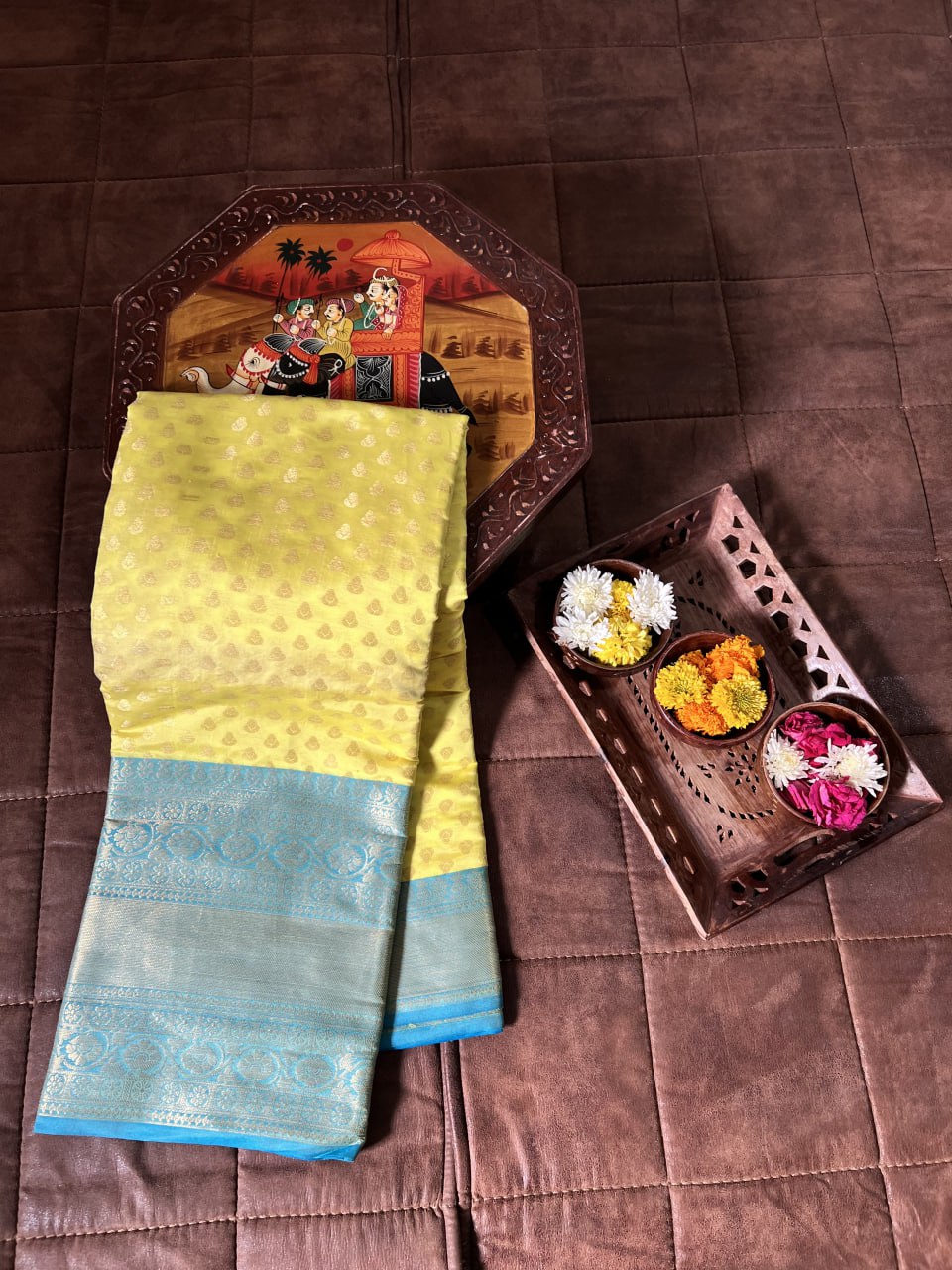 Yellow & Blue Elegant Kanjivaram Silk Saree with Zari Weaving Work Clothsvilla