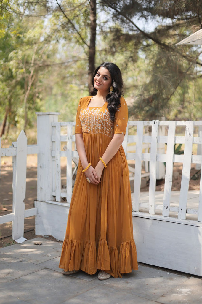 Yellow Elegant Faux Georgette Gown with Multithreaded Embroidery & Sequins Clothsvilla