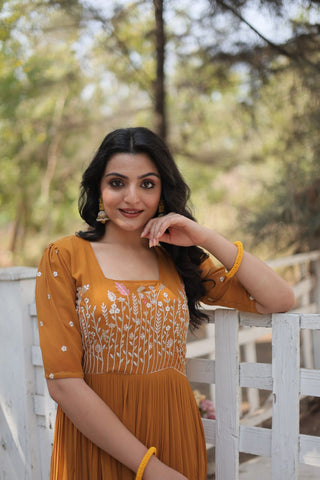 Yellow Elegant Faux Georgette Gown with Multithreaded Embroidery & Sequins Clothsvilla
