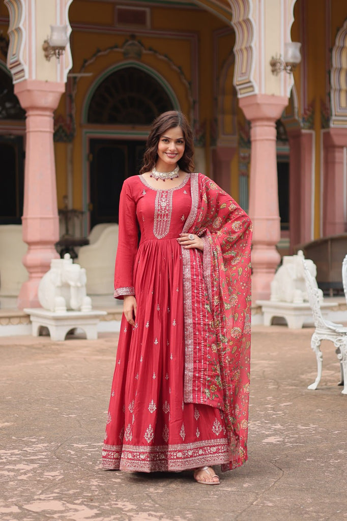 Red Elegant Chinon Gown with Sequins Embroidery & Kalamkari Silk Dupatta ClothsVilla