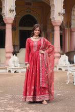 Load image into Gallery viewer, Red Elegant Chinon Gown with Sequins Embroidery &amp; Kalamkari Silk Dupatta ClothsVilla