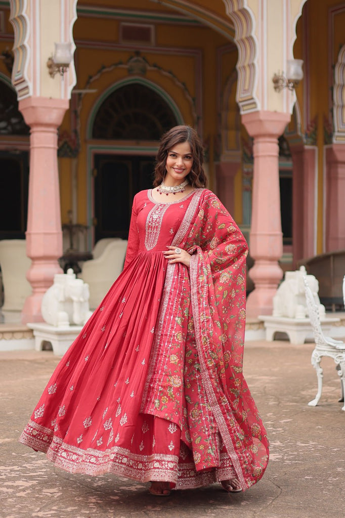 Red Elegant Chinon Gown with Sequins Embroidery & Kalamkari Silk Dupatta ClothsVilla