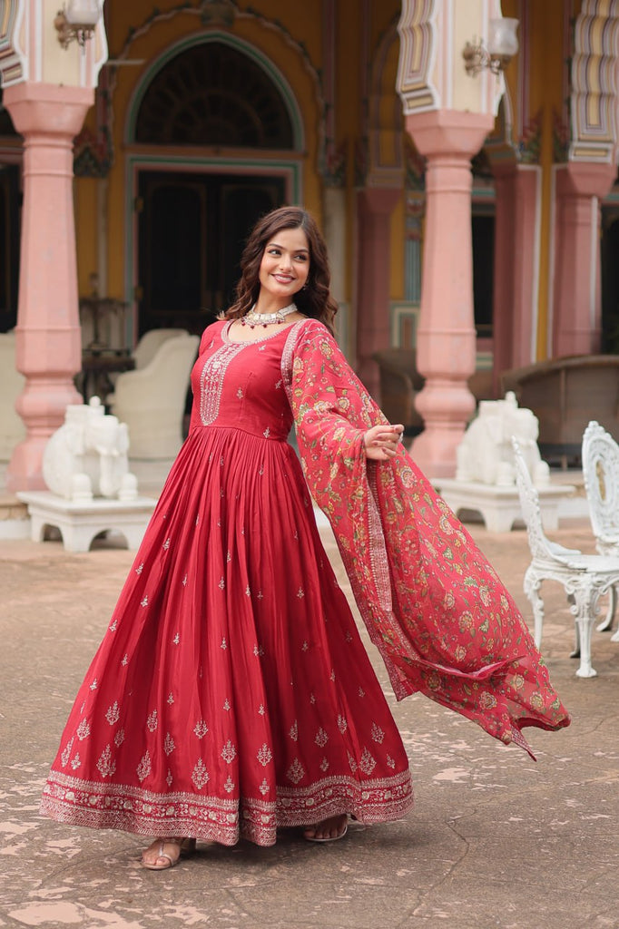 Red Elegant Chinon Gown with Sequins Embroidery & Kalamkari Silk Dupatta ClothsVilla