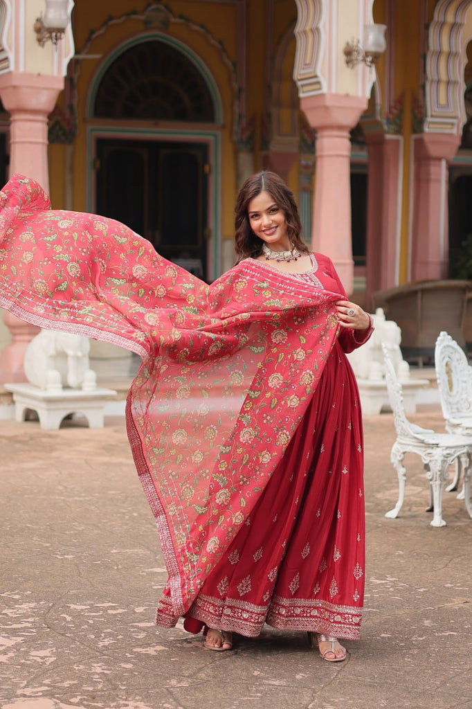 Red Elegant Chinon Gown with Sequins Embroidery & Kalamkari Silk Dupatta ClothsVilla