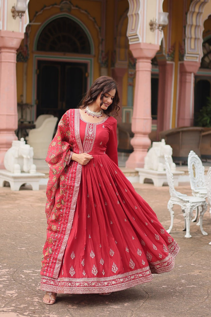 Red Elegant Chinon Gown with Sequins Embroidery & Kalamkari Silk Dupatta ClothsVilla