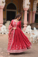 Load image into Gallery viewer, Red Elegant Chinon Gown with Sequins Embroidery &amp; Kalamkari Silk Dupatta ClothsVilla