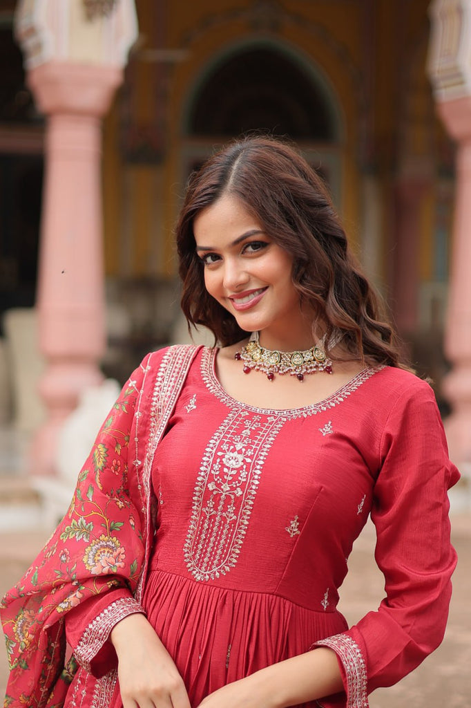 Red Elegant Chinon Gown with Sequins Embroidery & Kalamkari Silk Dupatta ClothsVilla