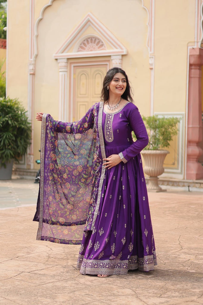 Purple Elegant Chinon Gown with Sequins Embroidery & Kalamkari Silk Dupatta ClothsVilla