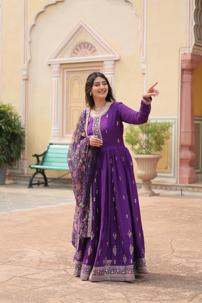 Purple Elegant Chinon Gown with Sequins Embroidery & Kalamkari Silk Dupatta ClothsVilla