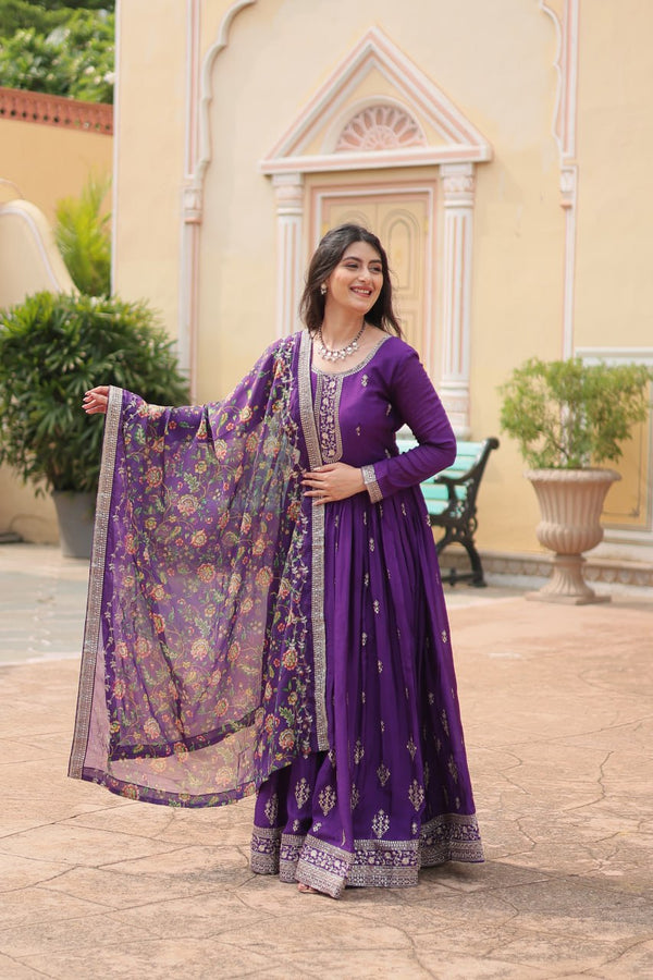 Purple Elegant Chinon Gown with Sequins Embroidery & Kalamkari Silk Dupatta ClothsVilla