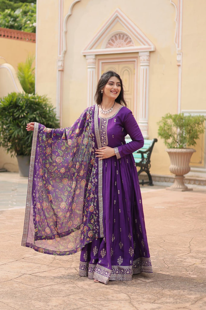 Purple Elegant Chinon Gown with Sequins Embroidery & Kalamkari Silk Dupatta ClothsVilla