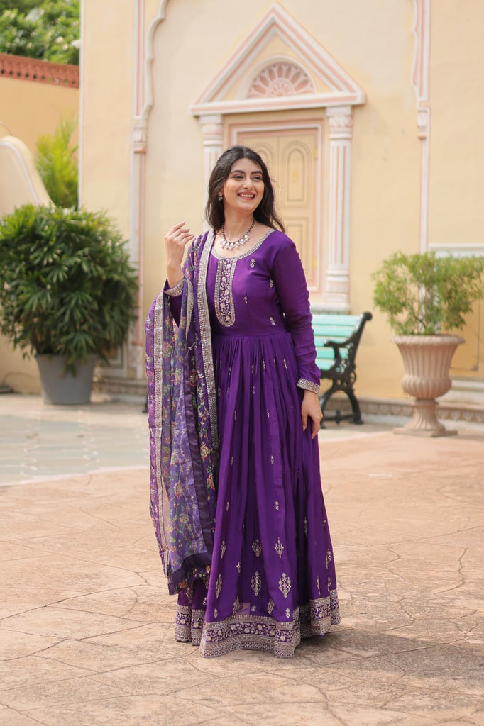 Purple Elegant Chinon Gown with Sequins Embroidery & Kalamkari Silk Dupatta ClothsVilla