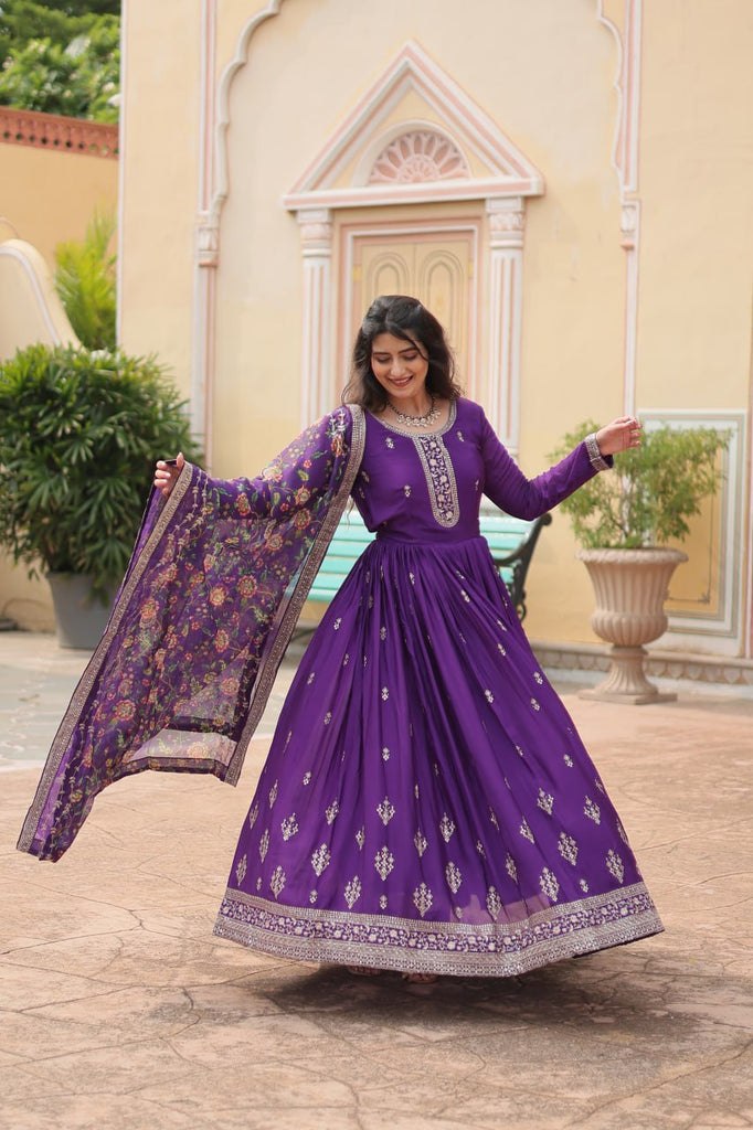 Purple Elegant Chinon Gown with Sequins Embroidery & Kalamkari Silk Dupatta ClothsVilla