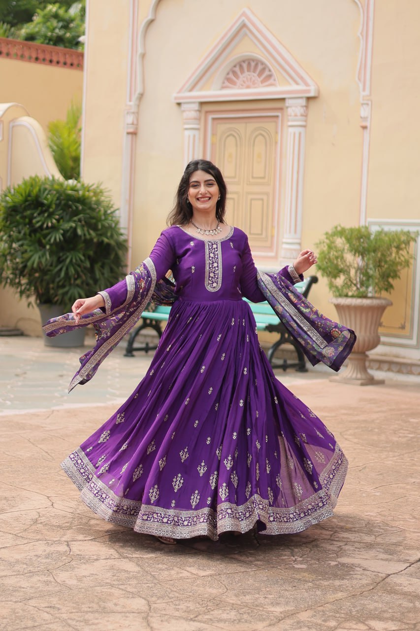 Purple Elegant Chinon Gown with Sequins Embroidery & Kalamkari Silk Dupatta ClothsVilla Main image