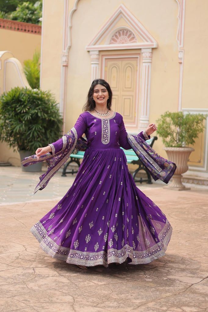 Purple Elegant Chinon Gown with Sequins Embroidery & Kalamkari Silk Dupatta ClothsVilla