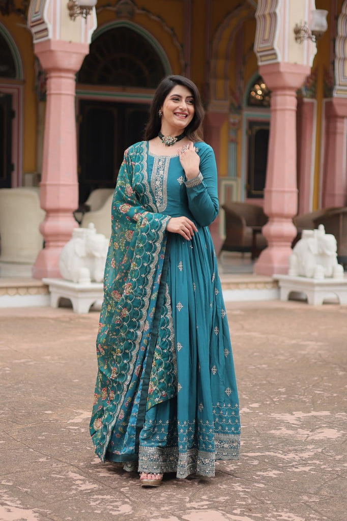 Teal Blue Elegant Chinon Gown with Sequins Embroidery & Kalamkari Silk Dupatta ClothsVilla