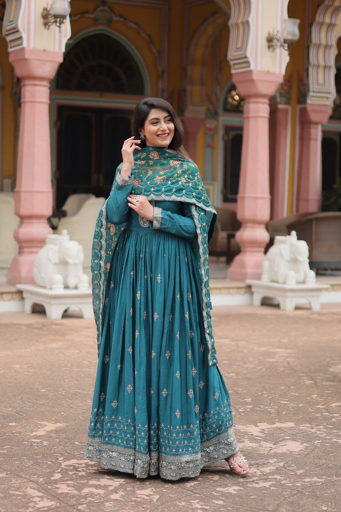 Teal Blue Elegant Chinon Gown with Sequins Embroidery & Kalamkari Silk Dupatta ClothsVilla