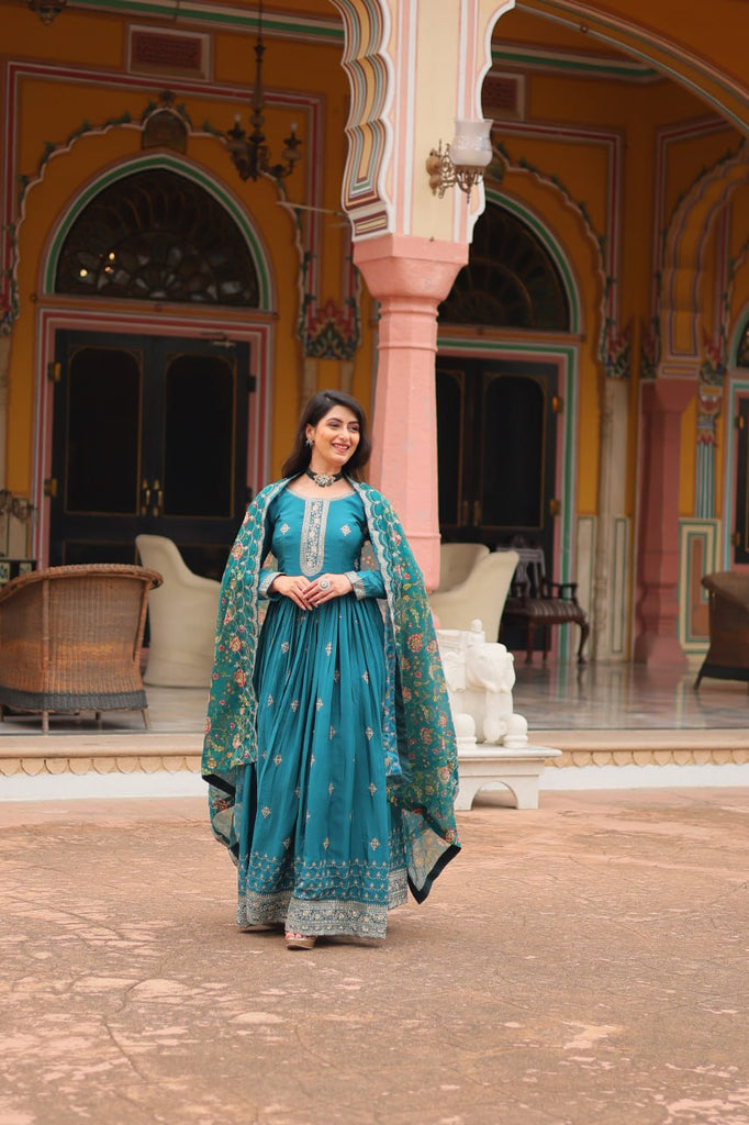 Teal Blue Elegant Chinon Gown with Sequins Embroidery & Kalamkari Silk Dupatta ClothsVilla