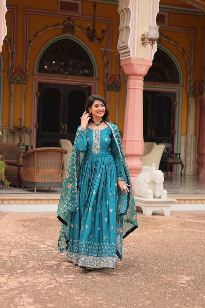 Teal Blue Elegant Chinon Gown with Sequins Embroidery & Kalamkari Silk Dupatta ClothsVilla