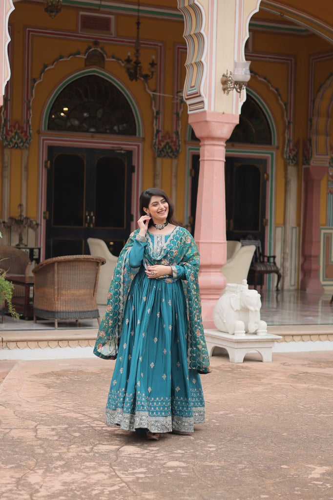 Teal Blue Elegant Chinon Gown with Sequins Embroidery & Kalamkari Silk Dupatta ClothsVilla