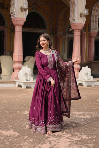 Wine Elegant Chinon Gown with Sequins Embroidery & Kalamkari Silk Dupatta ClothsVilla