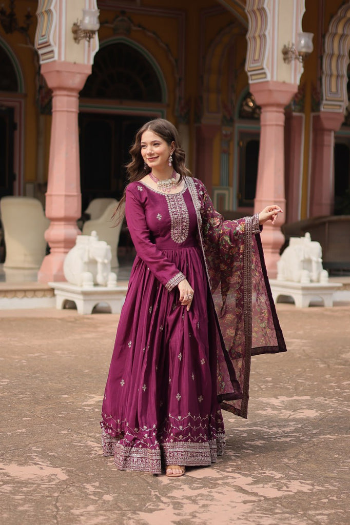 Wine Elegant Chinon Gown with Sequins Embroidery & Kalamkari Silk Dupatta ClothsVilla