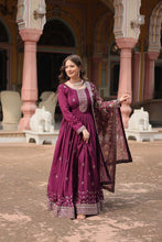 Load image into Gallery viewer, Wine Elegant Chinon Gown with Sequins Embroidery &amp; Kalamkari Silk Dupatta ClothsVilla