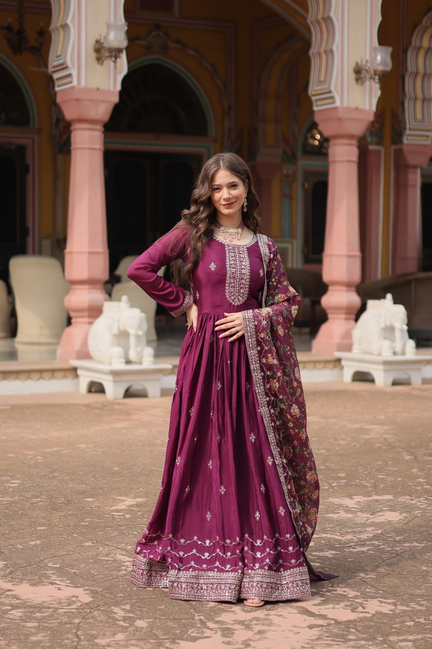 Wine Elegant Chinon Gown with Sequins Embroidery & Kalamkari Silk Dupatta ClothsVilla