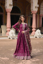 Load image into Gallery viewer, Wine Elegant Chinon Gown with Sequins Embroidery &amp; Kalamkari Silk Dupatta ClothsVilla