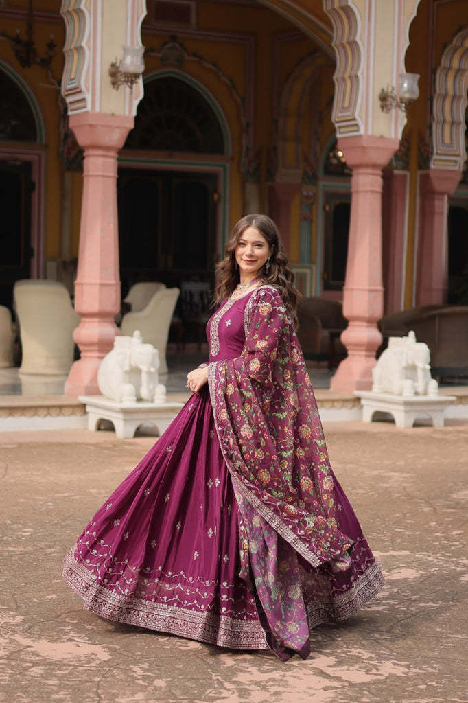 Wine Elegant Chinon Gown with Sequins Embroidery & Kalamkari Silk Dupatta ClothsVilla