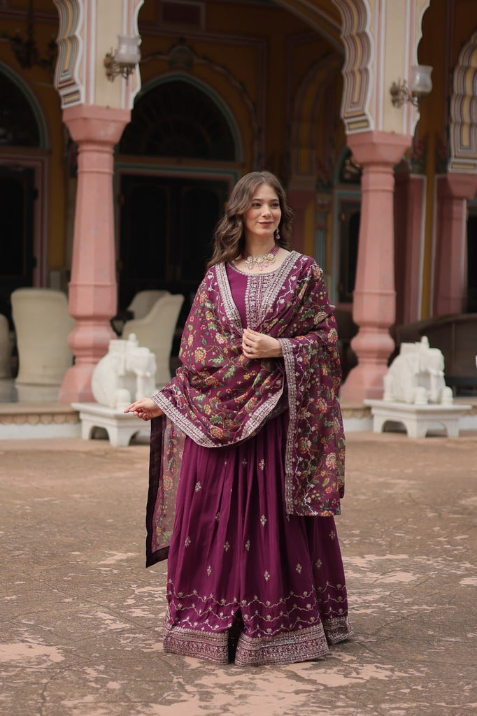 Wine Elegant Chinon Gown with Sequins Embroidery & Kalamkari Silk Dupatta ClothsVilla