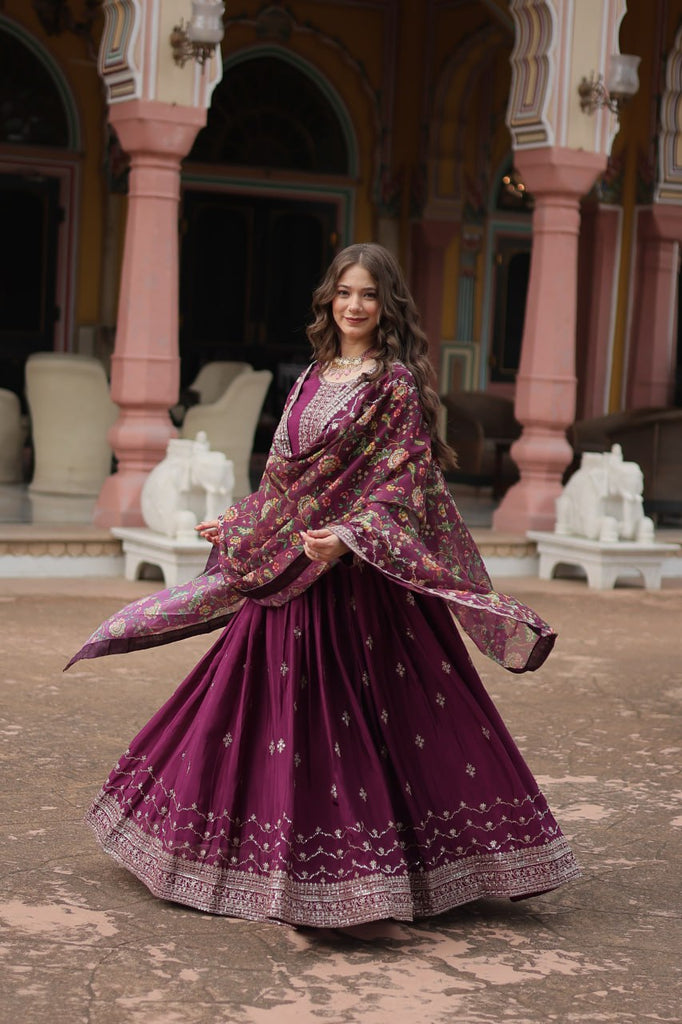 Wine Elegant Chinon Gown with Sequins Embroidery & Kalamkari Silk Dupatta ClothsVilla