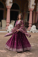 Load image into Gallery viewer, Wine Elegant Chinon Gown with Sequins Embroidery &amp; Kalamkari Silk Dupatta ClothsVilla